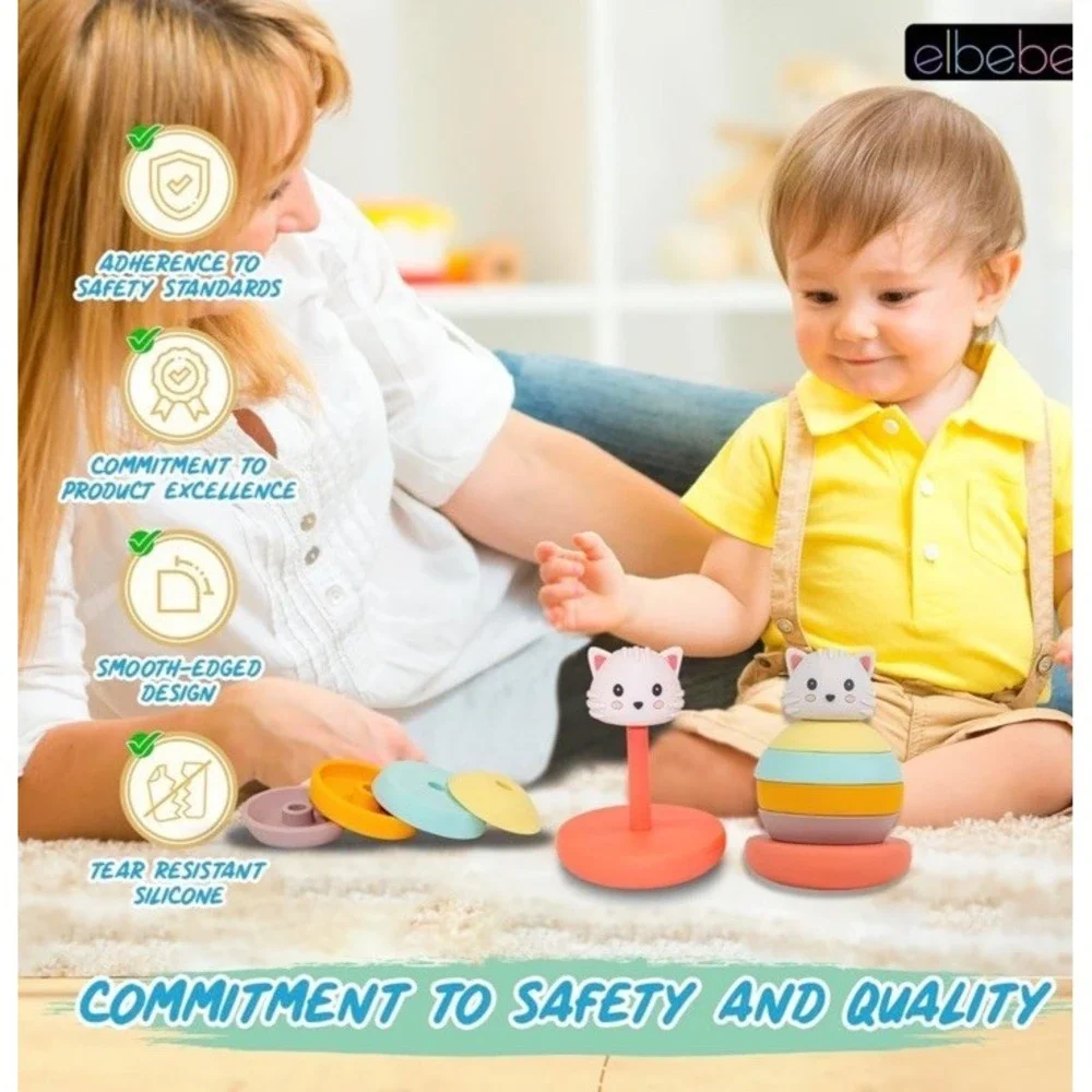 Elbebe Silicone Stackable Animal (Cat) BPA Free 6 Months-4 Years Montessori Toy‎
